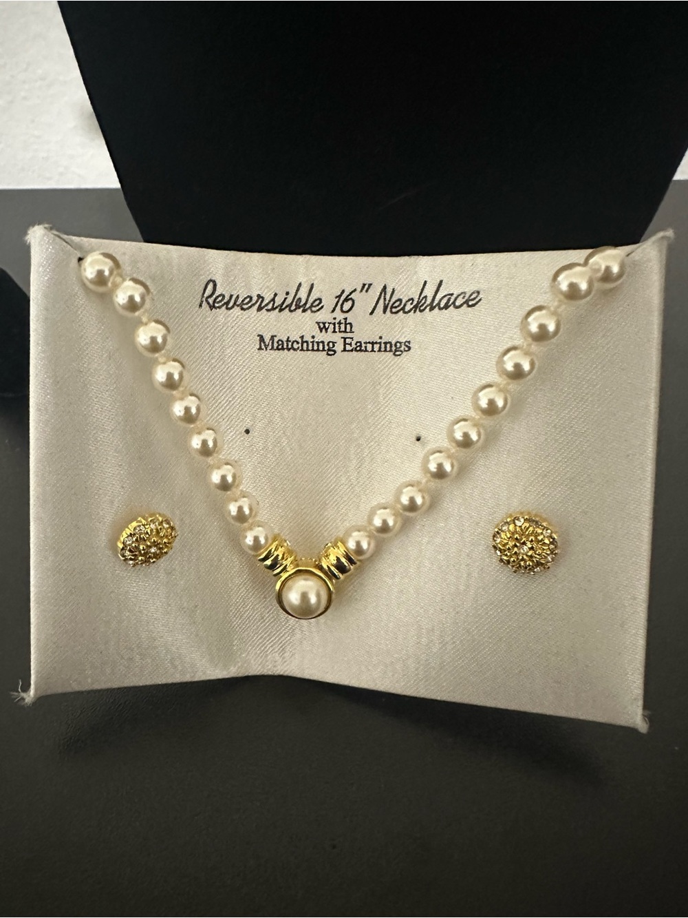 Reversible 16" Pearl Necklace with Matching Gold-Tone Earrings - Pearl/Gold